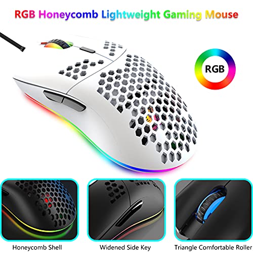 RGB Gaming Tastatur und Maus Set Klein, 68 Tasten Roter Schalter 60% Mini Chroma Mechanische Tastatur, 6400DPI Leichte Programmierbar Waben Maus, USB-Kabel, Kompatibel mit Windows Mac PS4, Weiß Bild 4