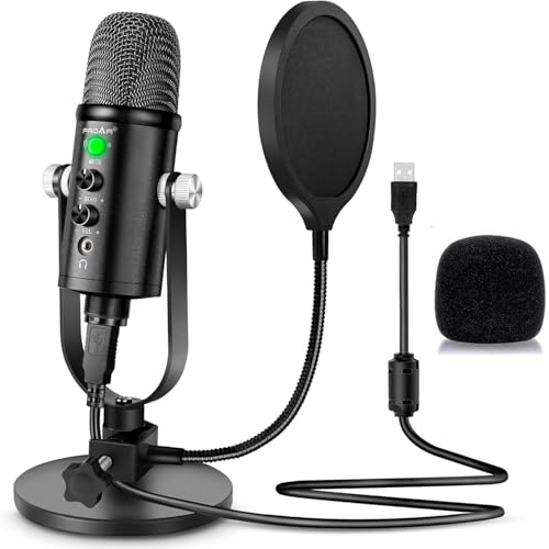 Mikrofon für Podcast, PROAR USB-Mikrofon-Set für iPhone, PC/Micro/Mac/iOS/Android, professionelles Plug&Play Studiomikrofon mit Ständer für Gaming, Online-Chat, Videos, Voice Overs, Streaming Bild 1
