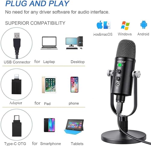 Mikrofon für Podcast, PROAR USB-Mikrofon-Set für iPhone, PC/Micro/Mac/iOS/Android, professionelles Plug&Play Studiomikrofon mit Ständer für Gaming, Online-Chat, Videos, Voice Overs, Streaming Bild 3