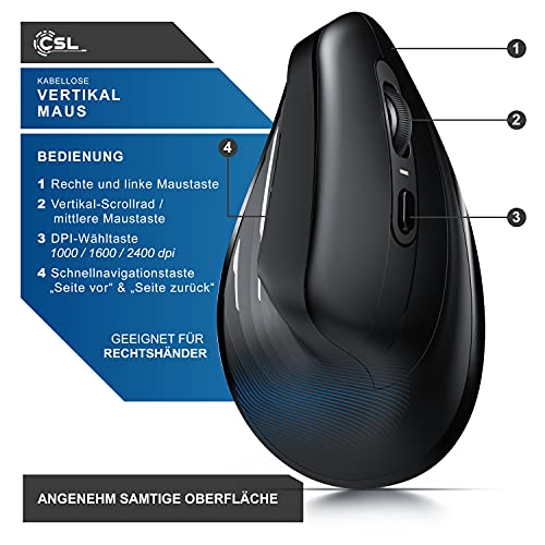 CSL - kabellose Maus Vertikal Bluetooth + Funk 2.4 GHz - Neues Modell - USB Vertical Mouse – ergonomisches Design - Vorbeugung gegen Mausarm - Wireless Funkmaus 2,4 GHz mit 1000-2400 DPI - PC und MAC Bild 5
