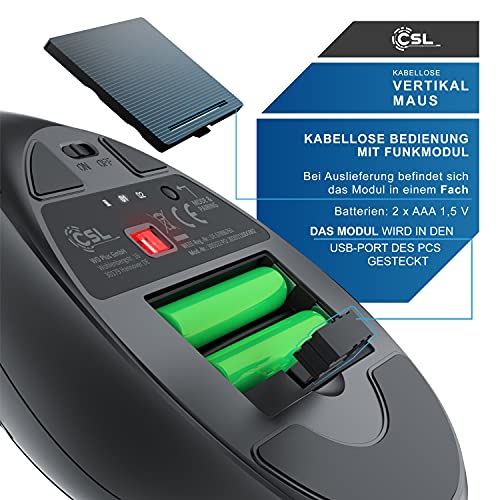 CSL - kabellose Maus Vertikal Bluetooth + Funk 2.4 GHz - Neues Modell - USB Vertical Mouse – ergonomisches Design - Vorbeugung gegen Mausarm - Wireless Funkmaus 2,4 GHz mit 1000-2400 DPI - PC und MAC Bild 6