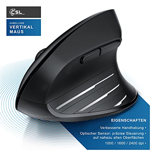 CSL - kabellose Maus Vertikal Funk 2.4 GHz - Neues Modell - USB Vertical Mouse – ergonomisches Design - Vorbeugung gegen Mausarm - Wireless Funkmaus 2,4 GHz mit 1000-2400 DPI - PC und MAC schwarz Bild 3