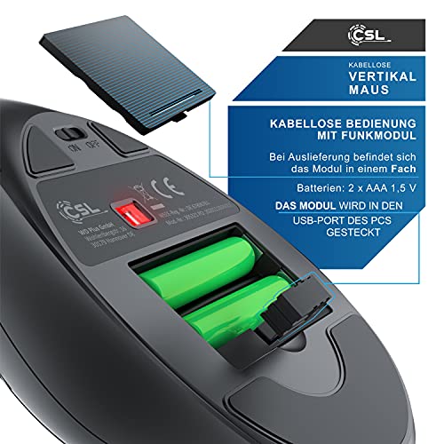 CSL - kabellose Maus Vertikal Funk 2.4 GHz - Neues Modell - USB Vertical Mouse – ergonomisches Design - Vorbeugung gegen Mausarm - Wireless Funkmaus 2,4 GHz mit 1000-2400 DPI - PC und MAC schwarz Bild 5