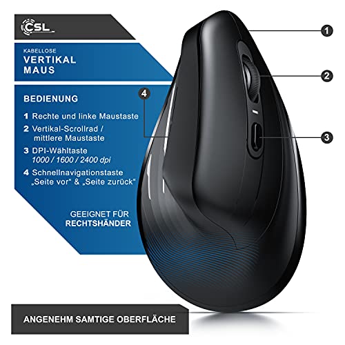 CSL - kabellose Maus Vertikal Funk 2.4 GHz - Neues Modell - USB Vertical Mouse – ergonomisches Design - Vorbeugung gegen Mausarm - Wireless Funkmaus 2,4 GHz mit 1000-2400 DPI - PC und MAC schwarz Bild 6