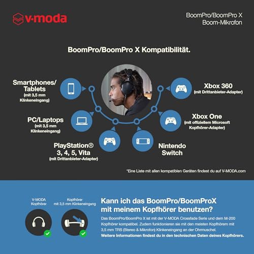 V-Moda BoomPro X Mikrofon | Für Gaming & Kommunikation | Kabel mit 3,5 mm Klinkenstecker | Flexibler Mikrofonarm | Clip-Steuerung mit Mute-Taste & Lautstärkerad | schwarz Bild 5