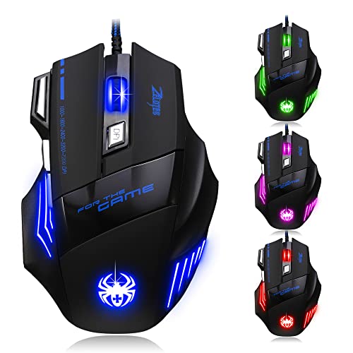 zelotes Gaming Maus Kabelgebundene,7200DPI,7 Tasten,LED Beleuchtung,Ergonomisches Design für Spiele und Büro,USB Optische Gamer Maus mit Kabel für Laptop,PC,Mac,Schwarz Bild 1