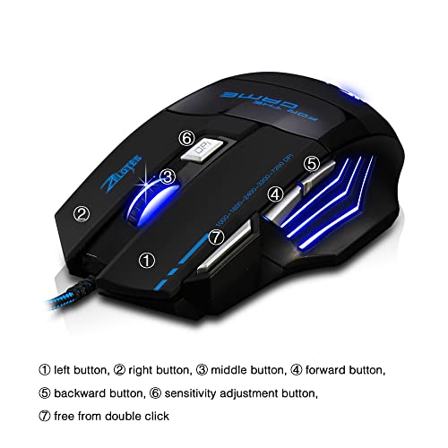 zelotes Gaming Maus Kabelgebundene,7200DPI,7 Tasten,LED Beleuchtung,Ergonomisches Design für Spiele und Büro,USB Optische Gamer Maus mit Kabel für Laptop,PC,Mac,Schwarz Bild 2