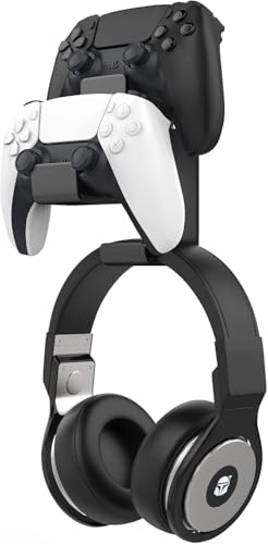 MoKo Controller Halterung, Duale Game Controller & Kopfhörer Halter für One, 360, PS3, PS4, PS5, PC, STEAM, Switch/Switch 2, Universale Headset Wandhalterung, 2 Installationsmethode, Schwarz Bild 1