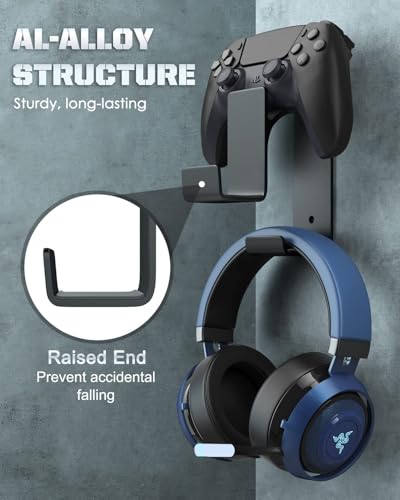 MoKo Controller Halterung, Duale Game Controller & Kopfhörer Halter für One, 360, PS3, PS4, PS5, PC, STEAM, Switch/Switch 2, Universale Headset Wandhalterung, 2 Installationsmethode, Schwarz Bild 3