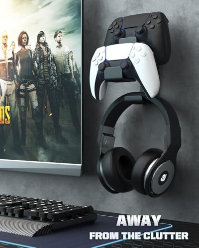 MoKo Controller Halterung, Duale Game Controller & Kopfhörer Halter für One, 360, PS3, PS4, PS5, PC, STEAM, Switch/Switch 2, Universale Headset Wandhalterung, 2 Installationsmethode, Schwarz Bild 7