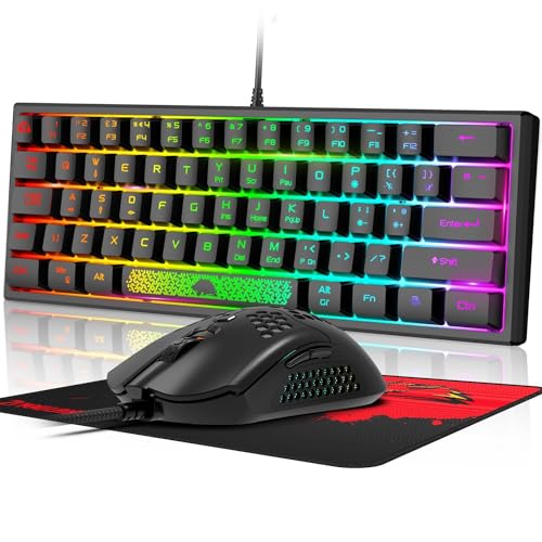 60 Prozent Mini Gaming Tastatur Und Maus Set Schwarz, QWERTY Layout RGB Regenbogen LED Beleuchtet Mechanische Gefühl Ergonomische Tastatur, 12000 DPI Bienenwabe Maus USB Verkabelt Fã¼r PC Laptop Bild 1