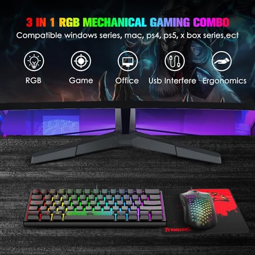 60 Prozent Mini Gaming Tastatur Und Maus Set Schwarz, QWERTY Layout RGB Regenbogen LED Beleuchtet Mechanische Gefühl Ergonomische Tastatur, 12000 DPI Bienenwabe Maus USB Verkabelt Fã¼r PC Laptop Bild 2