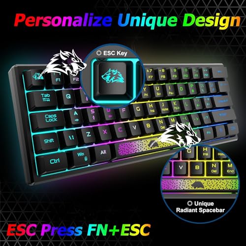 60 Prozent Mini Gaming Tastatur Und Maus Set Schwarz, QWERTY Layout RGB Regenbogen LED Beleuchtet Mechanische Gefühl Ergonomische Tastatur, 12000 DPI Bienenwabe Maus USB Verkabelt Fã¼r PC Laptop Bild 5
