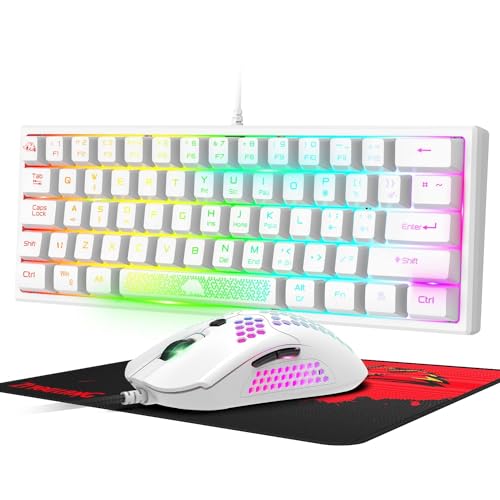 60 Prozent Mini Gaming Tastatur Und Maus Set Weiß, QWERTY Layout RGB Regenbogen LED Beleuchtet Mechanische Gefühl Ergonomische Tastatur, 12000 DPI Bienenwabe Maus USB Verkabelt Fã¼r PC Laptop Bild 1
