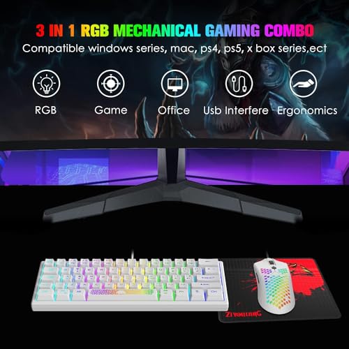 60 Prozent Mini Gaming Tastatur Und Maus Set Weiß, QWERTY Layout RGB Regenbogen LED Beleuchtet Mechanische Gefühl Ergonomische Tastatur, 12000 DPI Bienenwabe Maus USB Verkabelt Fã¼r PC Laptop Bild 2