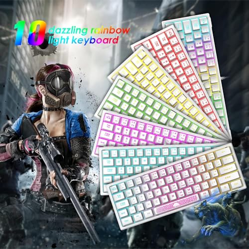 60 Prozent Mini Gaming Tastatur Und Maus Set Weiß, QWERTY Layout RGB Regenbogen LED Beleuchtet Mechanische Gefühl Ergonomische Tastatur, 12000 DPI Bienenwabe Maus USB Verkabelt Fã¼r PC Laptop Bild 3
