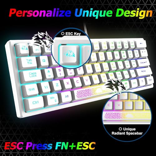 60 Prozent Mini Gaming Tastatur Und Maus Set Weiß, QWERTY Layout RGB Regenbogen LED Beleuchtet Mechanische Gefühl Ergonomische Tastatur, 12000 DPI Bienenwabe Maus USB Verkabelt Fã¼r PC Laptop Bild 5