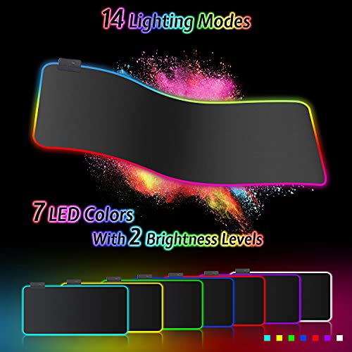 Gaming Mauspad RGB Mousepad 800x300mm XXL Gaming Mousepad groß mit 14 Beleuchtungs Modi 7 LED Farben Wasserdicht Anti Rutsch für Computer PC Professionelle Gamer, Schwarz Bild 2