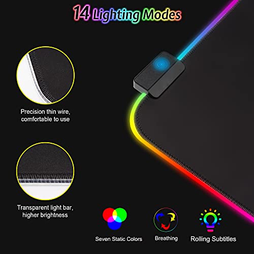 Gaming Mauspad RGB Mousepad 800x300mm XXL Gaming Mousepad groß mit 14 Beleuchtungs Modi 7 LED Farben Wasserdicht Anti Rutsch für Computer PC Professionelle Gamer, Schwarz Bild 3