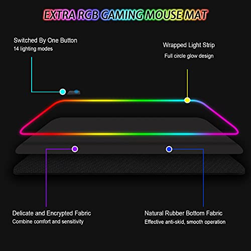 Gaming Mauspad RGB Mousepad 800x300mm XXL Gaming Mousepad groß mit 14 Beleuchtungs Modi 7 LED Farben Wasserdicht Anti Rutsch für Computer PC Professionelle Gamer, Schwarz Bild 4