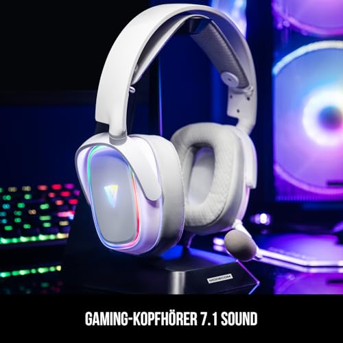 Modecom Volcano MC-899 Prometheus Weiß Gaming-Headset 7.1 Surround Sound | PC Kopfhörer mit Mikrofon & USB-Kabel | Over-Ear Polsterung & RGB Beleuchtung | Komfortabel für Lange Sessions & E-Sport Bild 2