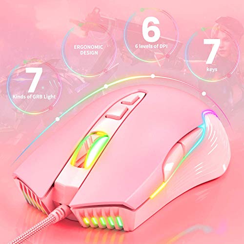 RGB Gaming-Maus, kabelgebunden, 6 einstellbare DPI bis zu 6400, ergonomische Gamer Laptop PC Maus mit 7 programmierbaren Tasten für Windows Vista Linux (Pink) Bild 2