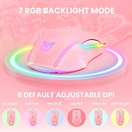 RGB Gaming-Maus, kabelgebunden, 6 einstellbare DPI bis zu 6400, ergonomische Gamer Laptop PC Maus mit 7 programmierbaren Tasten für Windows Vista Linux (Pink) Bild 3