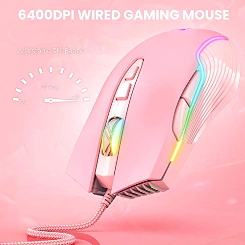 RGB Gaming-Maus, kabelgebunden, 6 einstellbare DPI bis zu 6400, ergonomische Gamer Laptop PC Maus mit 7 programmierbaren Tasten für Windows Vista Linux (Pink) Bild 4