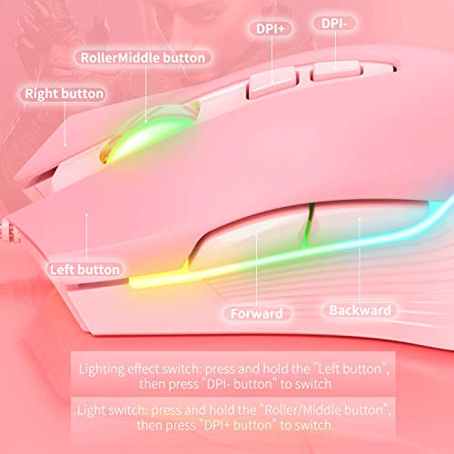RGB Gaming-Maus, kabelgebunden, 6 einstellbare DPI bis zu 6400, ergonomische Gamer Laptop PC Maus mit 7 programmierbaren Tasten für Windows Vista Linux (Pink) Bild 6