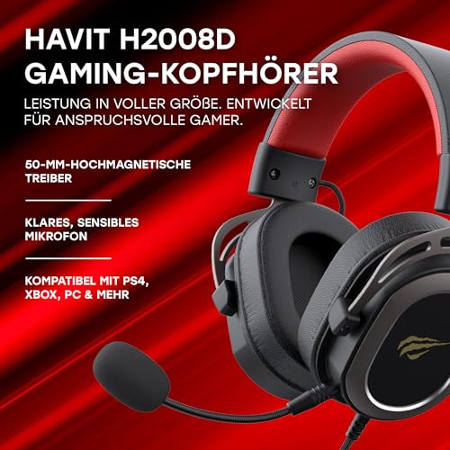 Havit H2008D GAMENOTE Gaming Headset with Mic — Wired Gaming Headset — 50 mm High Magnetic Surround Sound Driver — Compatible with PS4, Xbox, PC & Laptop — Black, Ochre, Red Bild 3