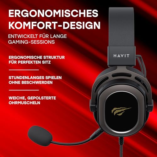 Havit H2008D GAMENOTE Gaming Headset with Mic — Wired Gaming Headset — 50 mm High Magnetic Surround Sound Driver — Compatible with PS4, Xbox, PC & Laptop — Black, Ochre, Red Bild 5