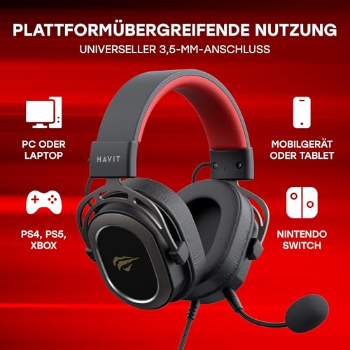 Havit H2008D GAMENOTE Gaming Headset with Mic — Wired Gaming Headset — 50 mm High Magnetic Surround Sound Driver — Compatible with PS4, Xbox, PC & Laptop — Black, Ochre, Red Bild 6