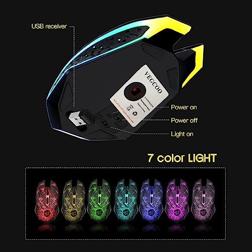 VEGCOO Gaming Maus Kabellose Mouse Gaming Silent Optical Sensor mit 1600/1200/800 DPI PC Maus Gaming mit 7 Lichtmodellen (schwarz) Bild 3