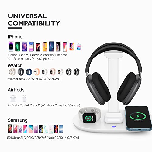 Kopfhörerständer mit kabellosem 15-W-Ladegerät, 4-in-1-Ladestation, Headset-Halter für AirPods Max/Pro/2/3, iWatch 8/7/6/5/4/3/2/1/SE, iPhone 14/13/12/11/XS/XR/X-Serie für Desktop-Tischspiel Bild 2