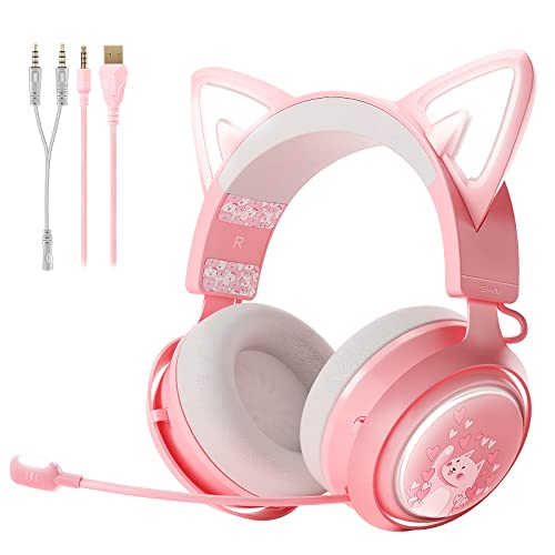 Somic Gaming-Kopfhörer mit Mikrofon, Katzenohr-Kopfhörer, kabelgebundener 3,5-mm-Kopfhörer mit einziehbarem Mikrofon-Geräuschunterdrückung, für Xbox One, PS5, PS4, PC, Pink Bild 1