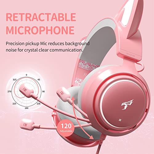 Somic Gaming-Kopfhörer mit Mikrofon, Katzenohr-Kopfhörer, kabelgebundener 3,5-mm-Kopfhörer mit einziehbarem Mikrofon-Geräuschunterdrückung, für Xbox One, PS5, PS4, PC, Pink Bild 6