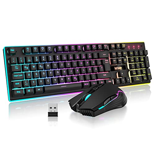RedThunder K10 Kabelloses Gaming Tastatur und Maus Set, QWERTZ DE Layout, 3000mA Batteriekapazität und 3200 DPI für Gamer (Schwarz) Bild 1