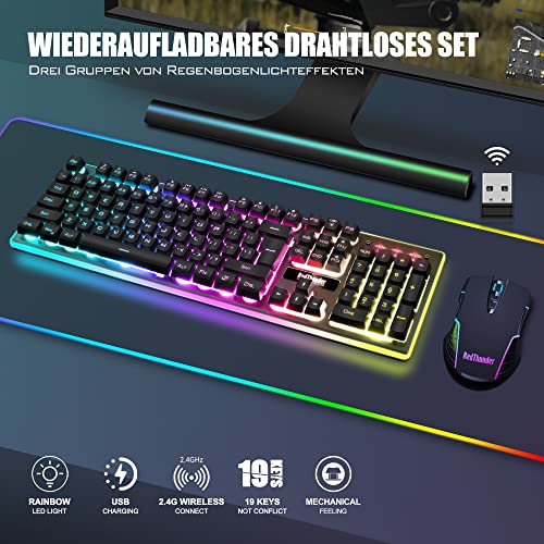 RedThunder K10 Kabelloses Gaming Tastatur und Maus Set, QWERTZ DE Layout, 3000mA Batteriekapazität und 3200 DPI für Gamer (Schwarz) Bild 2