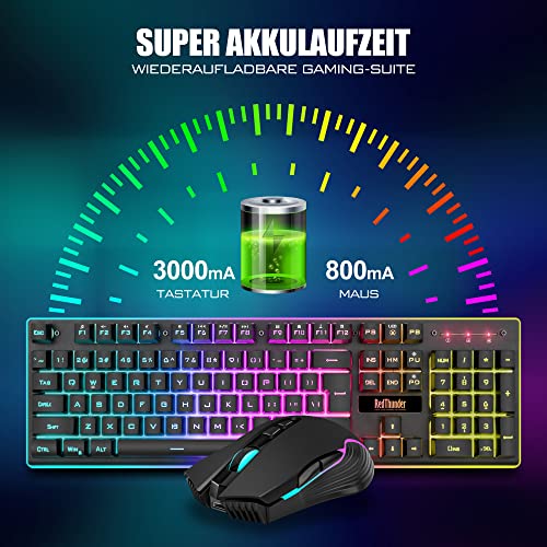 RedThunder K10 Kabelloses Gaming Tastatur und Maus Set, QWERTZ DE Layout, 3000mA Batteriekapazität und 3200 DPI für Gamer (Schwarz) Bild 3
