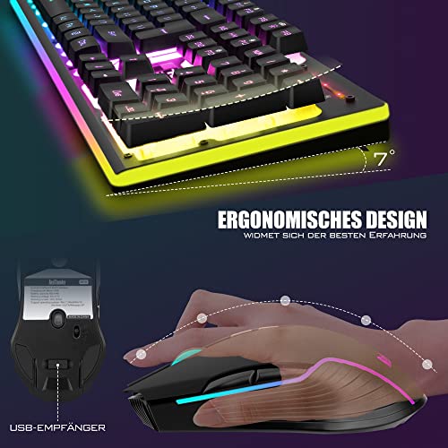 RedThunder K10 Kabelloses Gaming Tastatur und Maus Set, QWERTZ DE Layout, 3000mA Batteriekapazität und 3200 DPI für Gamer (Schwarz) Bild 5