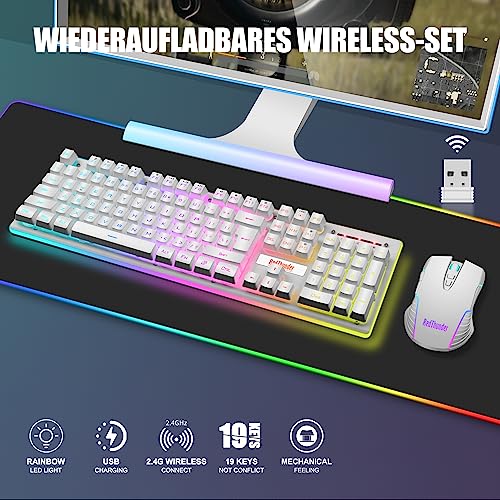 RedThunder K10 Kabelloses Gaming Tastatur und Maus Set, QWERTZ DE-Layout LED Hintergrundbeleuchtung, 3000mA Batteriekapazität und 3200 DPI für Gamer(Weiß) Bild 2