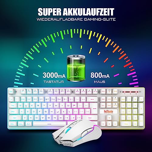 RedThunder K10 Kabelloses Gaming Tastatur und Maus Set, QWERTZ DE-Layout LED Hintergrundbeleuchtung, 3000mA Batteriekapazität und 3200 DPI für Gamer(Weiß) Bild 3