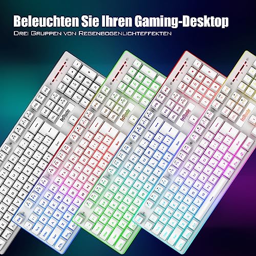 RedThunder K10 Kabelloses Gaming Tastatur und Maus Set, QWERTZ DE-Layout LED Hintergrundbeleuchtung, 3000mA Batteriekapazität und 3200 DPI für Gamer(Weiß) Bild 4