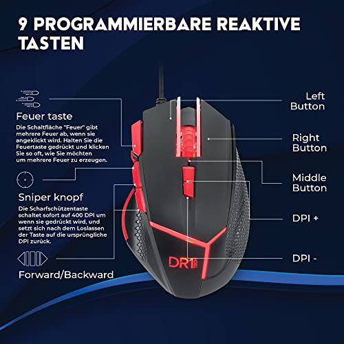 [Amazon Exclusive] DR1TECH Hunter Professional Gaming Maus Mit Kabel [5 Auswechselbare Gewichte + Triple FIRE] - 9 Tasten Für Bis Zu 4200 DPI - Ergonomische Gaming Maus Für PC/PS4/XBOX Bild 2