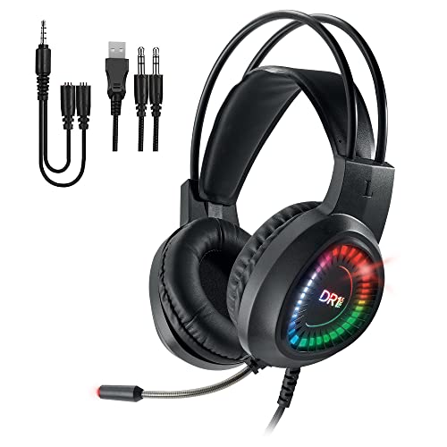 DR1TECH FireScout LED Kopfhörer Mit Kabel Und Mikrofon Für PC/PS/XBOX - 40mm Over Ear Kopfhörer Treiber mit Audio Stereo - 3.5mm Klinkenstecker und USB + Adapter Enthalten [Amazon Exclusive] Bild 1