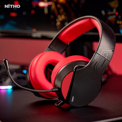 NITHO Janus Gaming Headset – Over-Ear Kopfhörer mit 40-mm-Treiber, Bügelmikrofon, 3.5-mm-Audio – für PC, PS4, PS5, Xbox One/Series X|S, Mobile, Tablet – Rot Bild 5