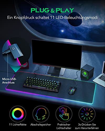 Black Shark Gaming Mauspad XXL 900x400 mm - 11 Beleuchtungs-Modi Led - Mikrofaser Oberfläche Schreibtischunterlage - Rutschfester Gummiunterseite Mousepad - Deko Mouse Pad Manta P7 Bild 2