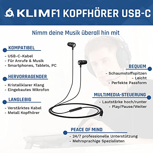 KLIM F1 USB C Kopfhörer Mit Mikrofon - Exzellente Audioqualität, Langlebig, Kabelgebunden, Memory-Schaumstoff-Ohrstöpsel - NEU 2022 Bild 2
