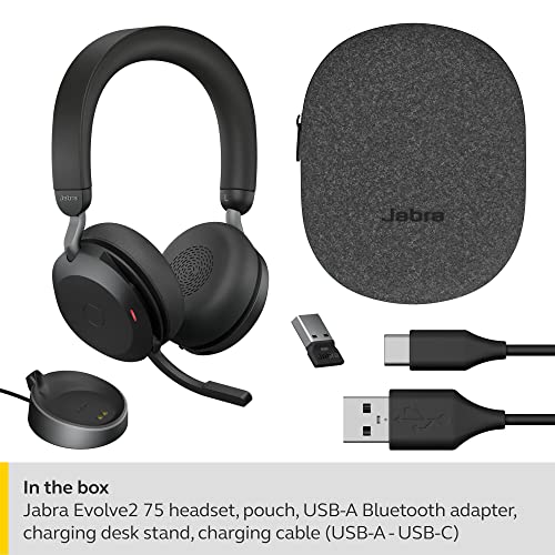 Jabra Evolve2 75 Wireless PC Headset mit Ladedock, 8-Mikro-Technologie - Dual-Foam-Stereo-Kopfhörer mit moderner aktiver Geräuschunterdrückung, USB-A Bluetooth-Adapter und MS-Kompatibilität - Schwarz Bild 3