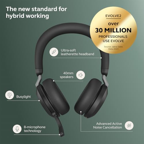 Jabra Evolve2 75 Wireless PC Headset mit 8-Mikrofon-Technologie - Dual-Foam-Stereo-Kopfhörer mit moderner aktiver Geräuschunterdrückung, USB-A Bluetooth-Adapter und UC-Kompatibilität - Schwarz Bild 6